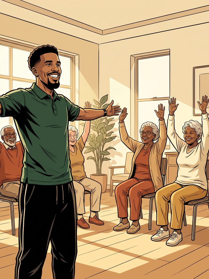 Illustration of Coach Terio leading a seated exercise class for a small group of older adults at a senior community room.