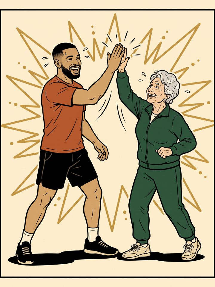 Illustration of Coach Terio high-fiving a smiling senior client after finishing a training session.