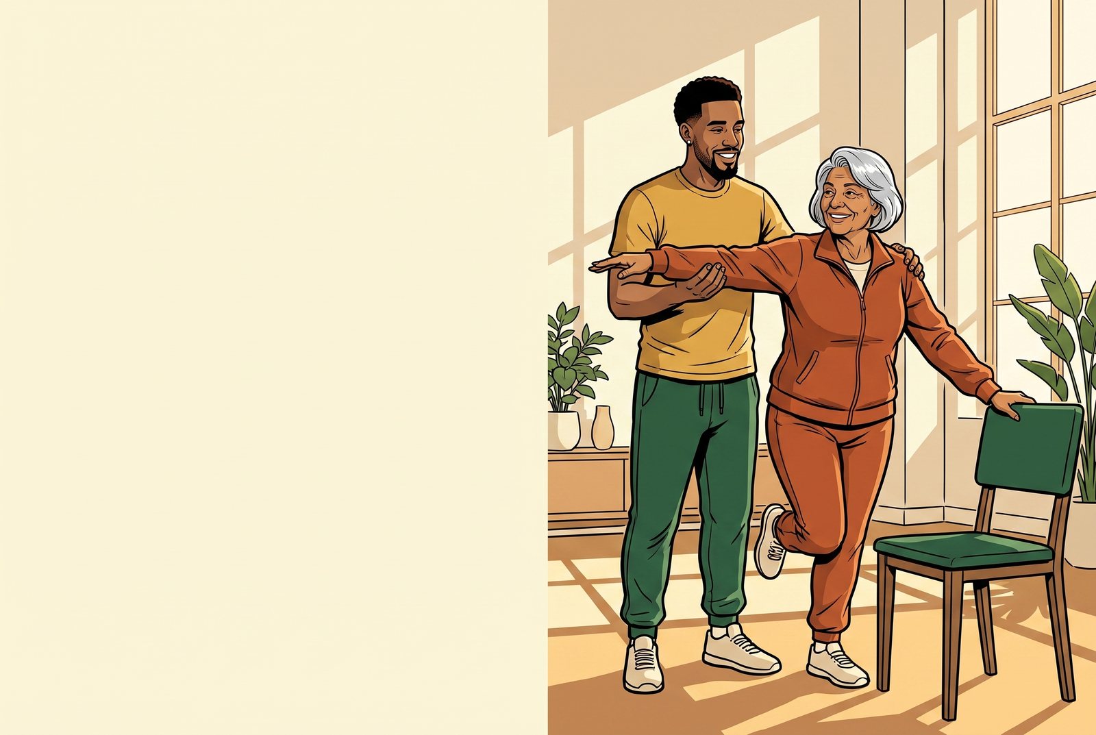 Illustration of Coach Terio supporting a senior client during a standing balance exercise.