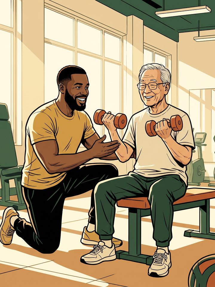 Illustration of Coach Terio coaching a senior client through a seated dumbbell exercise.
